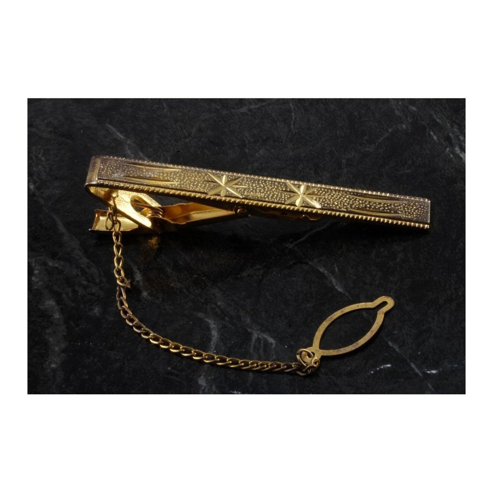 Vintage Tie Clip Unsinged Gold Tone Metal Button Chain Star Stripe Men’s
